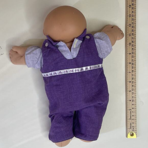 Vintage 1985 Cabbage Patch Kid Doll Coleco 14” Purple Overalls Soft Body - Picture 3 of 7